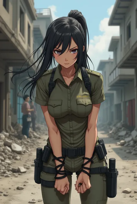 Anime style female soldier surrenders with hands or feet tied