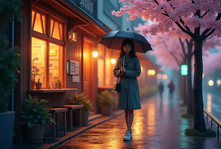 Anime, In the Rain、Woman walking down the street,  cozy cafe background , Anime background art,  it's raining outside the cafe , Rainy Evening, Rainy Night, Anime background, beautiful Anime scene, colorful Anime movie background, tokyo Anime scene,  Amazi...