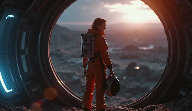  A cinematic composition ,  inspired by a science fiction film, . Beautiful 24-year-old woman has her back to the camera and from the inside she looks outside through the large window,  dressed in a space suit  ((detailed spacesuit)), She is not wearing a ...