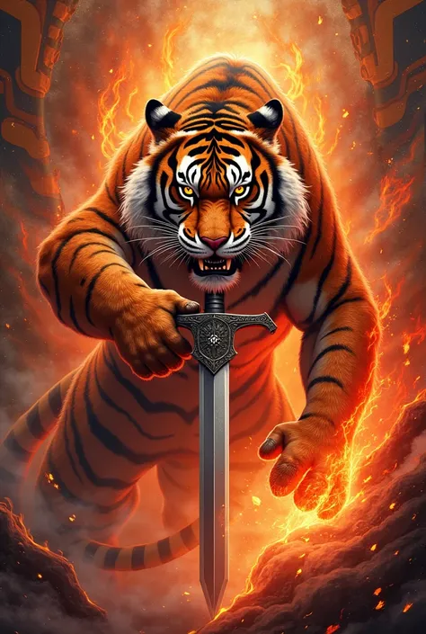 Sword-carrying tiger,Thai pattern,  Red Aura , The paw tee is on fire