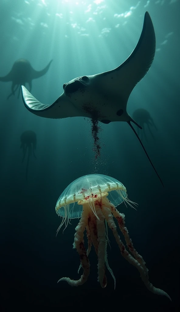 A manta ray glides menacingly over the shattered remains of a massive jellyfish in a shadowy, murky underwater realm. The jellyfish’s translucent body is torn apart, its tentacles shredded and blood-streaked as they drift lifelessly in the current. The man...