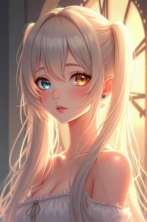  anime picture of beautiful girl with bright platinum hair ,
 Golden hour right eye color and sky blue left eye color ,
157cm tall ,
 Almost transparent white skin ,
 long hair ,
Time clock background ,twintail