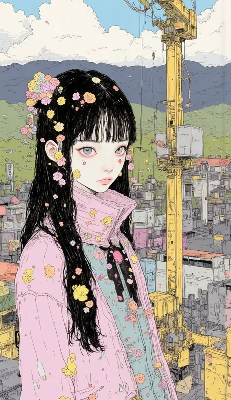  There is a high school girl standing at the top of the crane、 upper body、 close-up 、Crane working at height  ,Black long hair,  bangs with lots of flowers 、 If you look at the angle  ,  cardigan , stylish hair ,  Surrealism  ,  Japanese cartoon style ,  g...