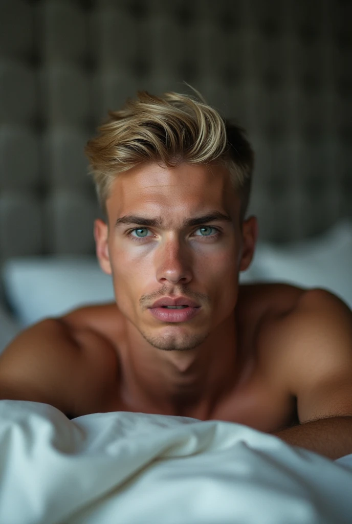 ultra realistic image of a man, unique beauty, American nationality, natural blond hair, blue eyes, short fade men's haircut, age 20 years old, is lying on his bed with a thoughtful expression,