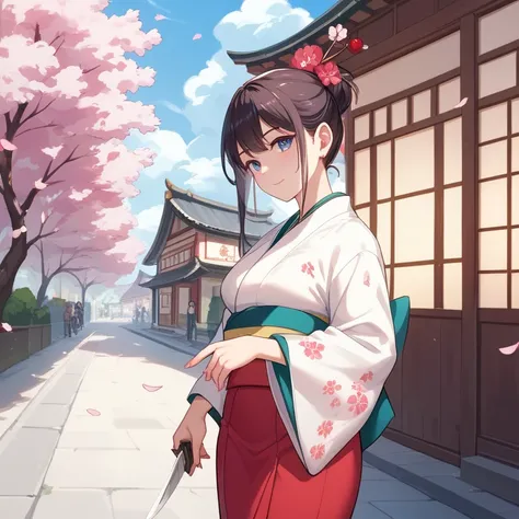  girl, kimono、knife、Edo period streetscape、cherry blossoms