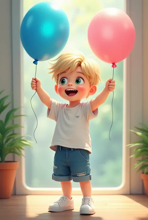 Green-eyed blond boy white shirt jeans shorts all-white sneakers. With a blue balloon and a pink balloon in his hands 