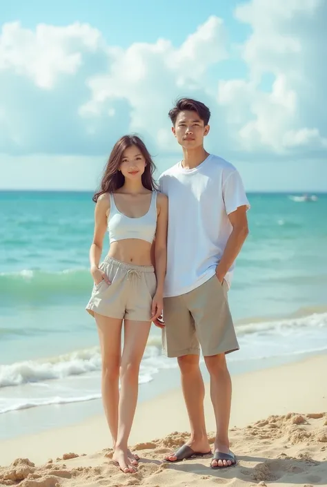 Beautiful sea view background with the sound of waves ,beautiful clouds, skylight ,beautiful sand ,a beautiful girl like a Korean wearing casual sporty clothes , wearing beach sandals with a handsome man with a clean face like a asian wearing casual sporty...