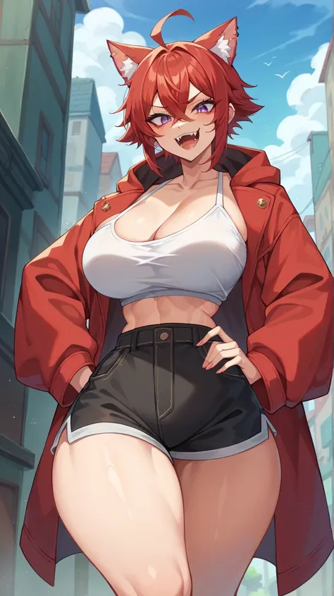  NSFW Evil anime girl ,  cat ears with giant breasts , big hips and a huge butt and perfect body red hair purple eyes with.  With saw teeth and fangs excited,  long red coat hooded over the head white fitted short top black fitted shorts,