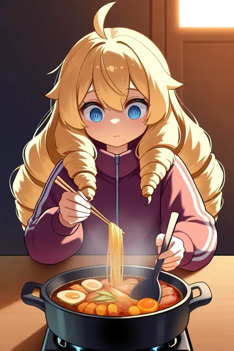 ( score_9, score_8_up, score_7_up ), ultra-detailed, detailed face, Solo, a girl, blonde, long hair, drill hair, ahoge, blue eyes, slant eyes, narrow eyes, wearing maroon long sleeves sportswear and long pants sportswear, sitting in a kotats, Holding chops...