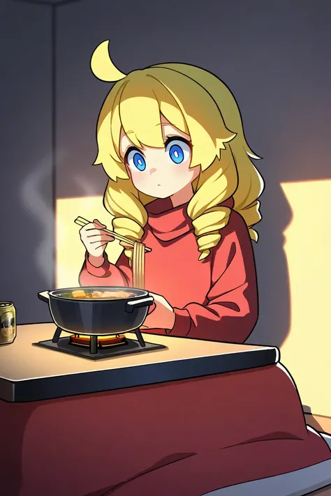 ( score_9, score_8_up, score_7_up ), ultra-detailed, detailed face, Solo, a girl, blonde, long hair, drill hair, ahoge, blue eyes, slant eyes, narrow eyes, wearing maroon long sleeves sportswear and long pants sportswear, sitting in a kotats, Holding chops...