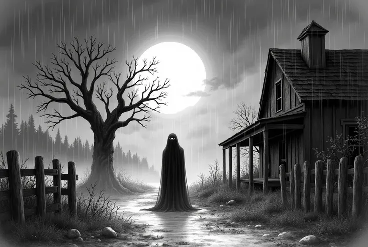 Black and white illustration of a spooky scene with a full moon in the background. the scene is set in a rural area with a wooden house on the right side of the image. the house is old and dilapidated, with a sloping roof and boarded up windows. on the lef...