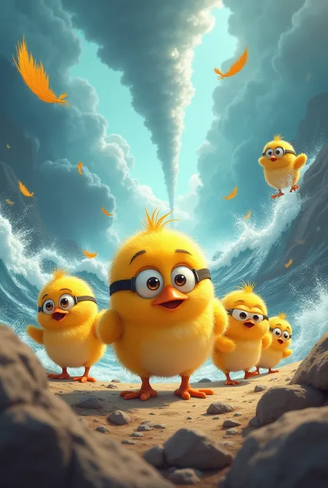 Make a poster of a cute minion chick facing natural disasters with his friends