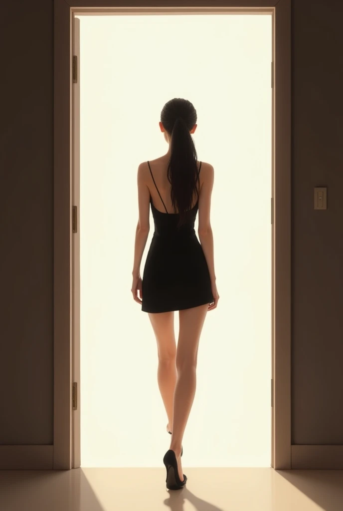 lily 20 year old slim beautiful Asian girl, wear black short dress along long hair ponytail. Walkin to the door and open