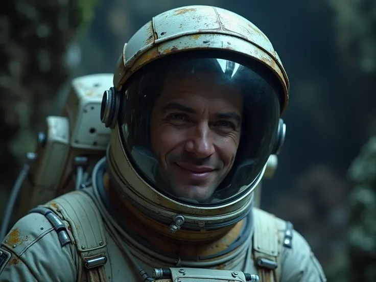 male astronaut looking through his helmet with a smile on his face towards the camera. Looking straight at the photographer. The scene depicts an alien planet with darkness and dampness, very realistic, intricate details, creepy, highly detailed, photoreal...