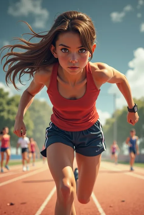 Brown-haired, brown-haired, brown-eyed girl doing athletics 