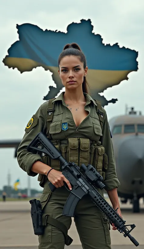 Heavily armed with rifles all over the body Tatooed with Ukrainian trident motif female soldier Gal Gadot in wide open Ukrainian blouse with Ukraine coat of arms in front of her chest. She has a rifle AR-15 in her hands and stands on a Ukrainian military a...