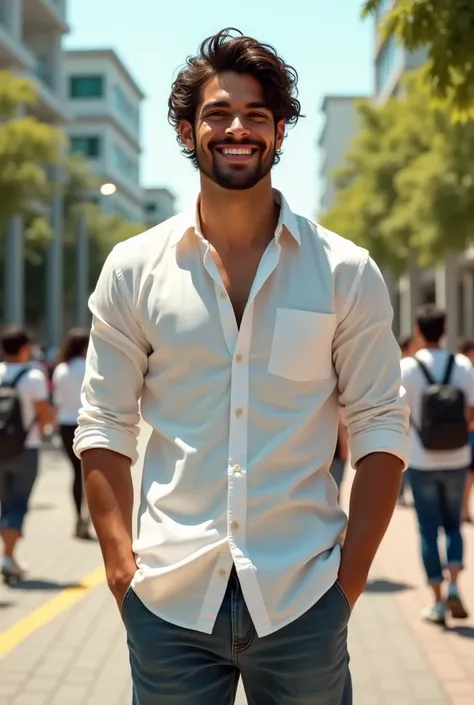  A Brazilian man at a college, wearing an oversized white shirt 