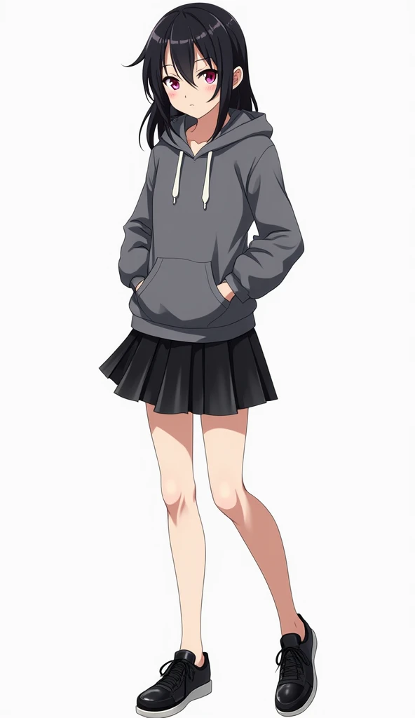 Japanese anime adolescent woman with black hair and intense magenta eyes and red nails and wears an intense gray fleece with a white drawstring hood with front closure, the fleece is tight to the body and skirt made of shiny material., possibly synthetic l...