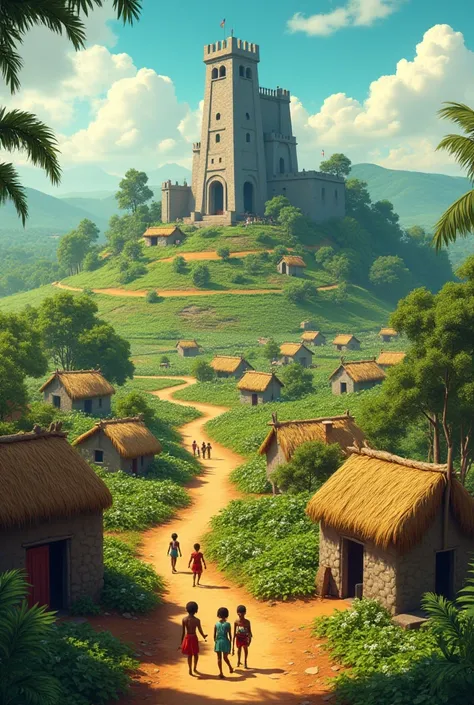 An african village with farms, gardens and happy peoples,  and grass thatched houses and only one big creepy house with high walls and a big compound 