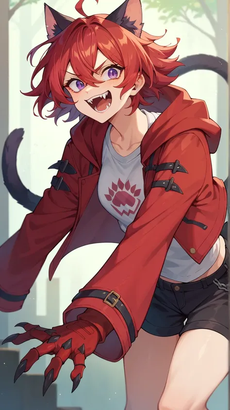 Wicked anime girl, cat ears red hair purple eyes with.  With saw teeth and fangs excited,  long red coat hooded over the head white fitted short top black fitted shorts, Ruby hands 