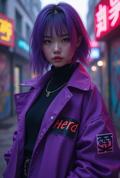 Korean young woman man, Violet Jacket like a gangster with a name on Her chest (Hera), Hair color violet, background gangster playground 