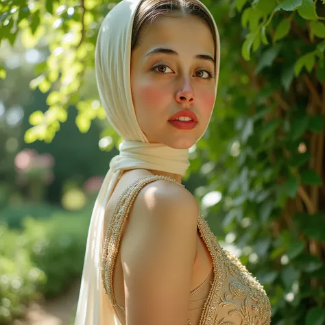 a beautiful young woman in a garden, long flowing hair, detailed facial features, elegant dress, sunlight dappled through trees, lush greenery, photorealistic, highly detailed, award-winning digital art, cinematic lighting, vibrant colors, 8k, masterpiece