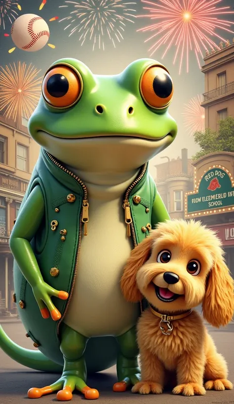 nhanced by small, shiny zippers along its body. Beside the frog stands a smaller, fluffy Golden Doodle with a friendly and curious expression. Surrounding these characters are a collage of thematic elements: a baseball, fireworks celebrating the 4th of Jul...