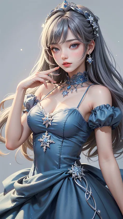  (  of the best quality :1.4), ( masterpiece:1.4),  very high resolution , 8k, CG, exquisite,  upper part of the body,  Loneliness , Thumbelina, Little Princess,  Blue taffeta court dress,  snowflake background ,   Detailed facial features  , Silver-gray h...