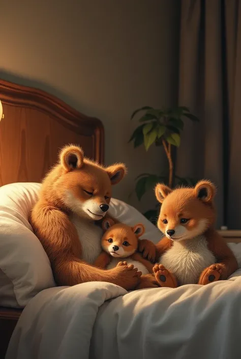 Imagina una encantadora familia de osos animados, cada uno con su propio estilo y personalidad. La historia comienza en su cálido hogar, donde los papás osos están en su cama, probablemente disfrutando de un momento tranquilo juntos antes de comenzar el dí...