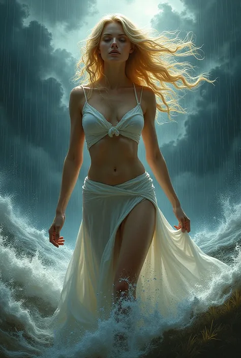  Blonde woman , Whose body is the center of a storm 