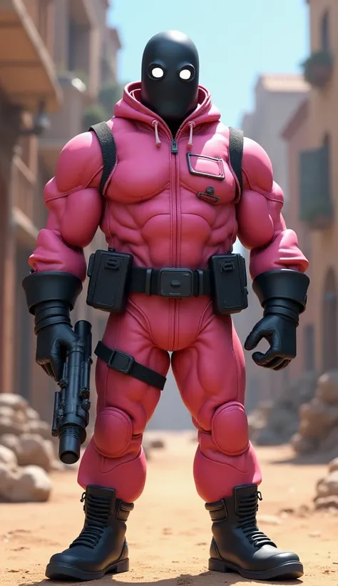  A muscular giant dressed in the pink jumpsuit , black tactical belt and black boots  , like the soldiers from the squid game , with a completely smooth black mask with no eye holes  ,only with a large white box drawn in the center of the mask,  he has a p...