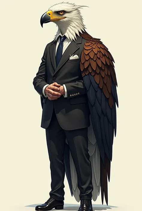 make an illustration of a picture of an eagle-headed human wearing a suit and a folded hand position