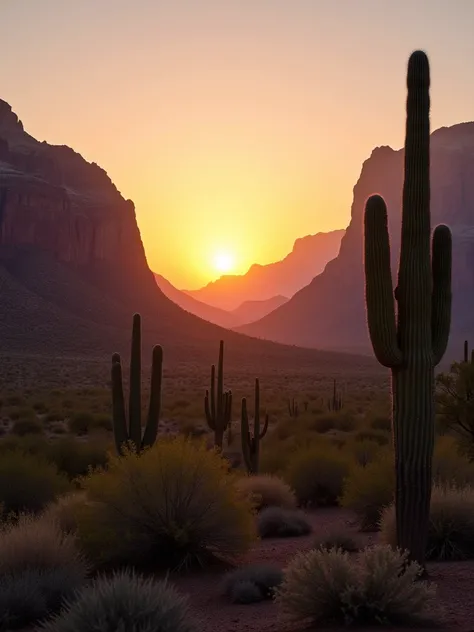 a cactus-filled desert in front of a valley beneath two mountains with the sun setting on the horizon between them. This scene was captured with a Sony A7R IV paired with a GM 135mm f/1.8 lens, ensuring stunning clarity and rich detail.   8K -high end -