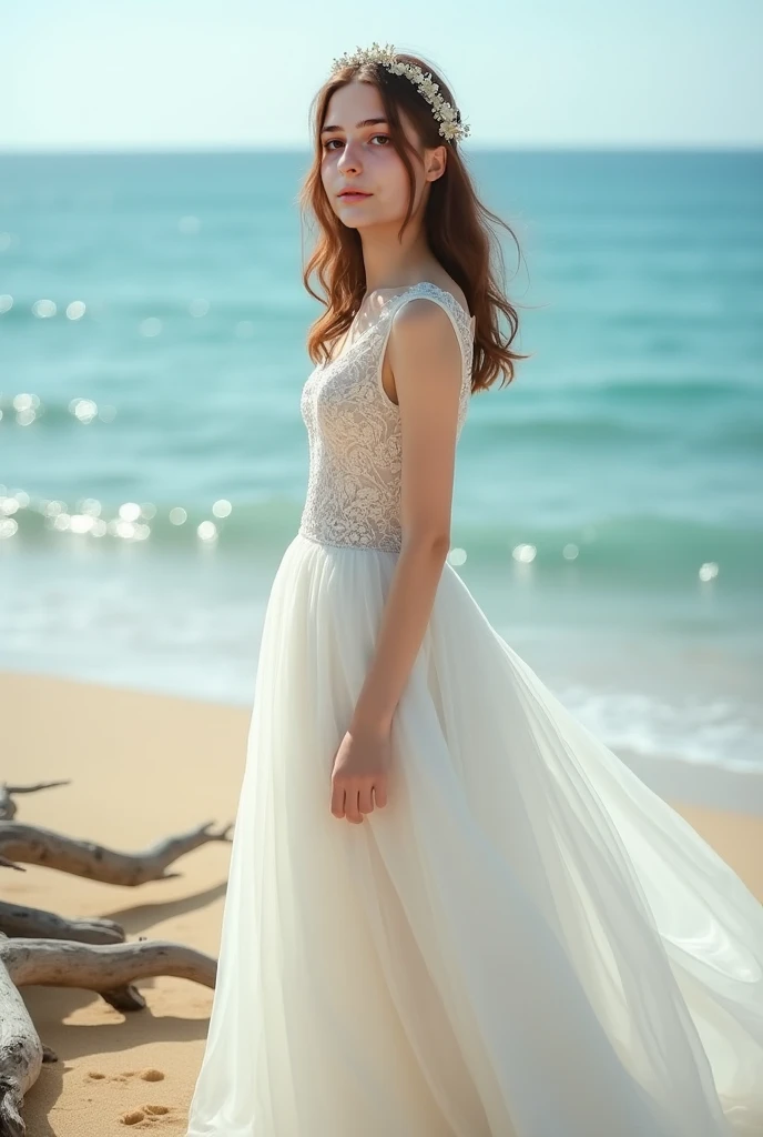 Girl in a wedding dress. Girl on a photo shoot. Girl at sea 