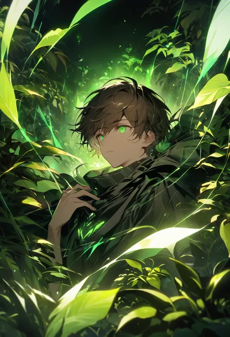 Please depict a young boy with green eyes, looking innocent and youthful, as if he is around . He has short brown hair and is surrounded by leaves and plants, giving him a mysterious aura. He is wearing a black cloak, within which a faint green light glows...