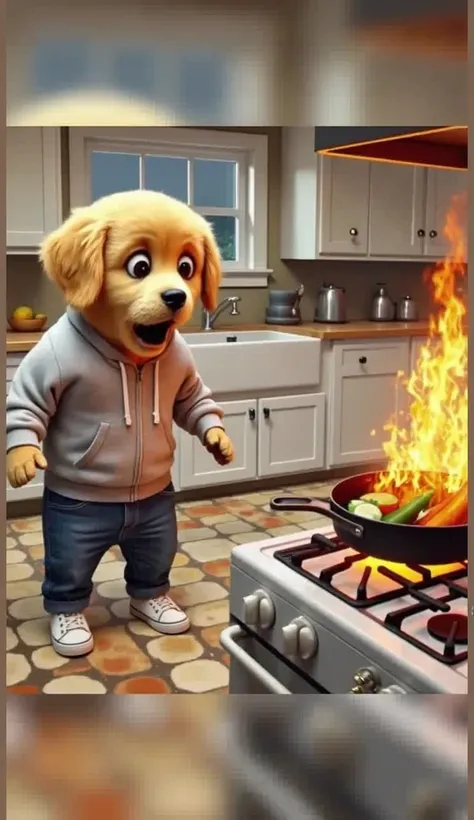 [A Golden Retriever puppy wearing a grey hoodies and jeans and sneakers, witnessing a kitchen fire while cooking vegetables, surprised and concerned], [Digital Painting, Photorealistic], [Reference: Studio Ghibli character design for a realistic feel], [Wa...