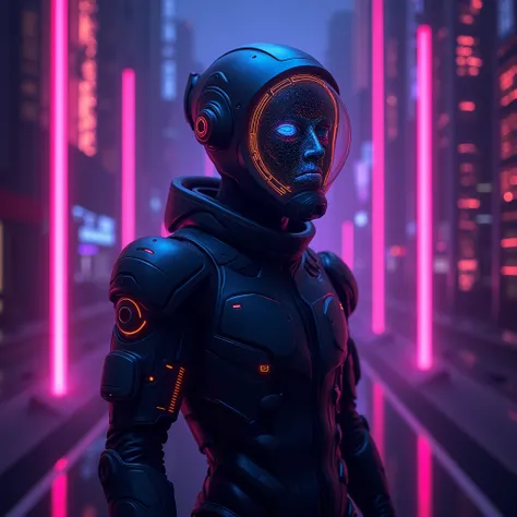 A dark cyberpunk-themed digital artwork with a futuristic character wearing a sleek, glowing helmet with intricate neon patterns. The character is dressed in a high-tech suit featuring soft neon accents and is positioned in the foreground, slightly off-cen...