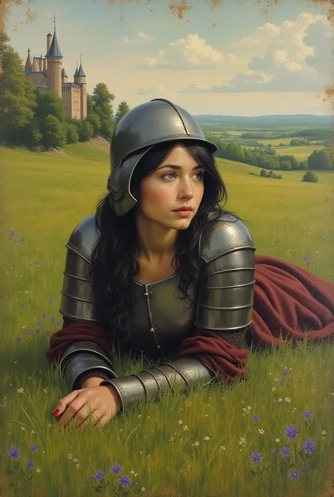 A painting of a female with dark hair wearing armor and lying on a big grass field. She is wearing a soldier helmet. The background contains a vast landscape with a castle and trees. The grass field has small tiny purple flowers. The painting has a histori...