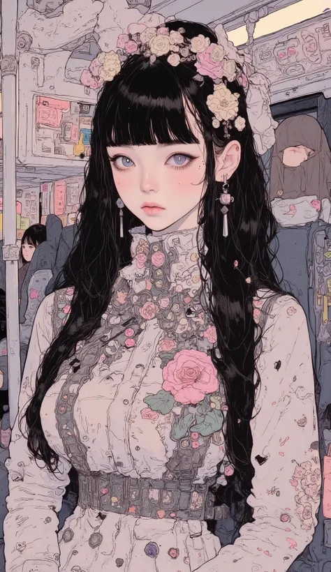 There is a high school girl in the bullet train、 upper body、 close-up ,Black long hair, bangs with lots of flowers 、 If you look at the angle , cardigan , stylish hair , Surrealism , Japanese cartoon style , graphic details , Detailed details ,Po...