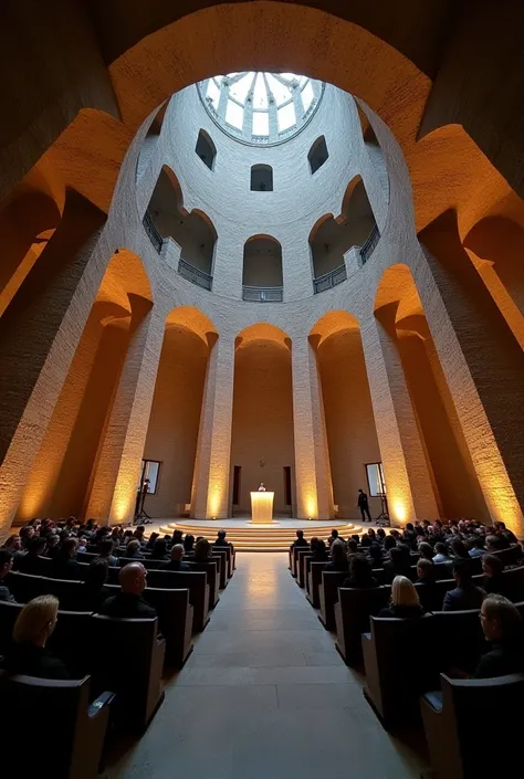  In the crypt of the Cathedral of the Sagrada Familia in Barcelona ,  speakers speak, there is a huge, circular-shaped function room with very dim lighting and a futuristic design. In the center of the circumference, a pulpit from which the . The stone wal...