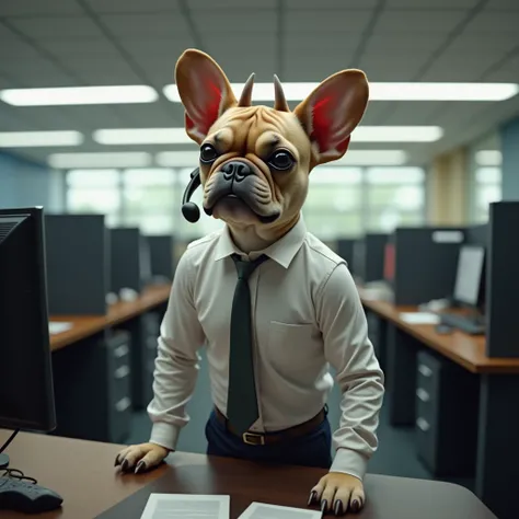 a faun French Bulldog in a office uniform in a call center and recieving calls