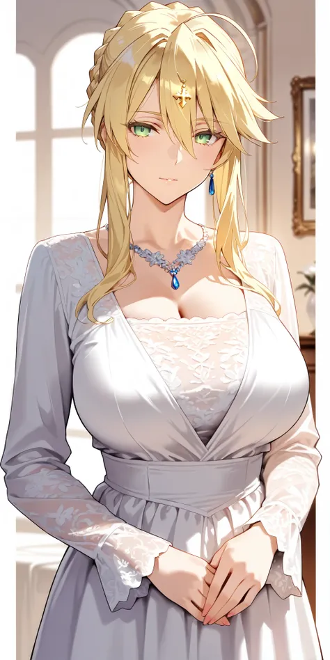 Masterpiece, mature woman, artoria pendragon (Lancer) (fate), slim, upper body, white dress, long sleeves, graceful, elegant, wise type, ultra detailed, highres, absurdres, white room, portrait