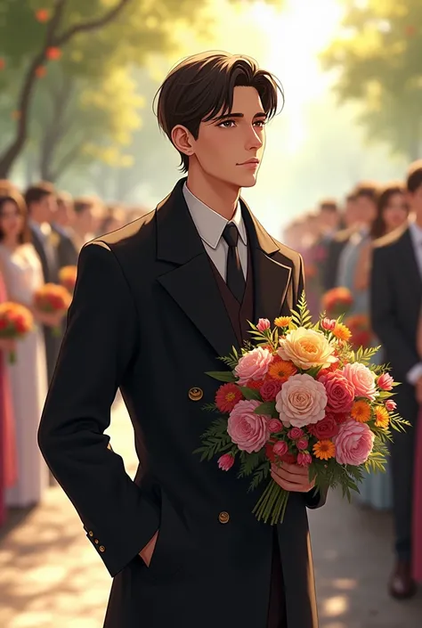 Make this young man wear a black coat in a day wedding with bouquet and no one is after him