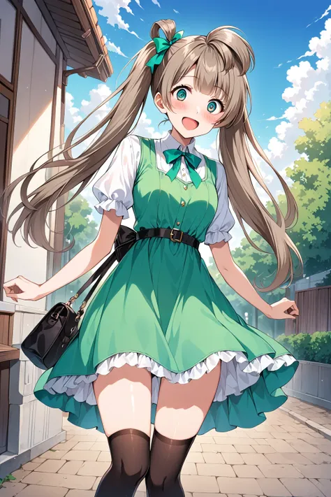 (masterpiece), minami kotori, reddish-brown hair, twintails, aqua eyes, 1girl, solo, thighhighs, outdoors, dress, smile, bag, dutch angle, holding, sky, open mouth,arms behind back,peeing,crazy eyes,