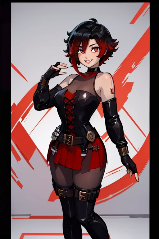 female, black short hair with red highlights, red eyes, (((1girl))), (((black and red dress with gold trim))), (black choker), (black long sleeve fingerless gloves), (black thigh high socks), (black thigh high boots), cute and sexy, full body, large breast...