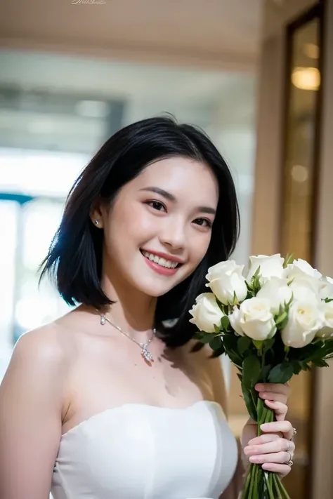 (masterpiece, best quality:1.2), 1girl, solo, woman with short brown hair , ((wearing a strapless white wedding dress , holding a bouquet of white roses.)) She has a fair complexion, a gentle smile, and is adorned with a delicate silver necklace. The backg...