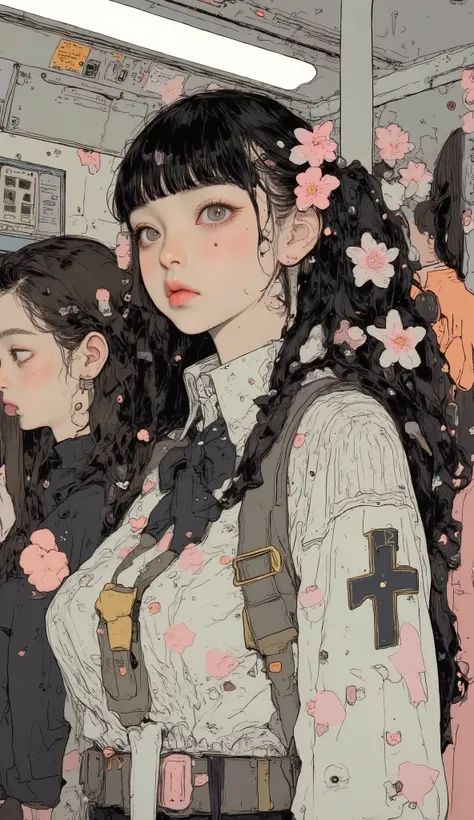  there is a high school girl in a crowded train、 upper body、 close-up  , black hair, braid pigtails 、 bangs with lots of flowers 、 If you look at the angle  ,  cardigan ,Standing with a strap ,  Surrealism  ,  Japanese cartoon style ,  graphic details  , D...