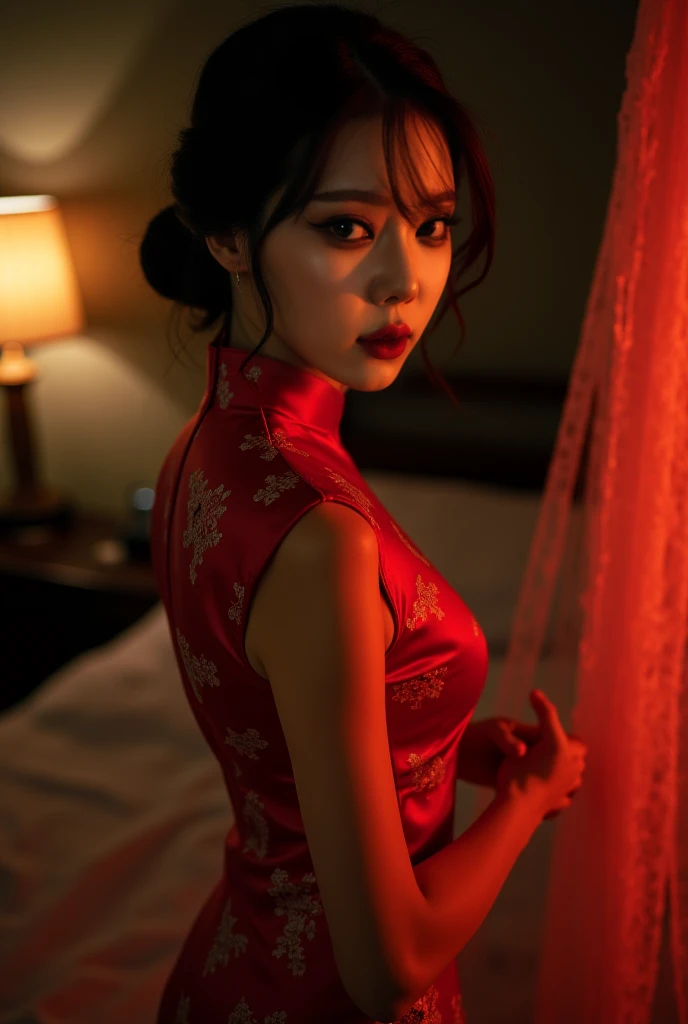 Sexy Cheongsam dress selfie in phone camera and bedroom background 