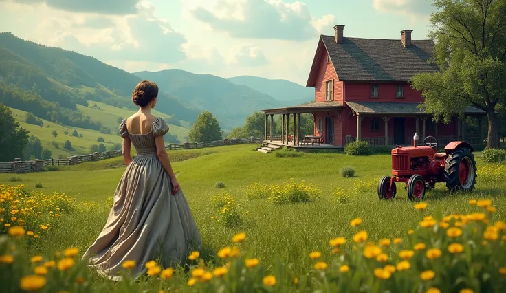 a beautiful old farm house, picturesque valley, barn, old red tractor, woman in Victorian clothes, (best quality,4k,8k,highres,masterpiece:1.2),ultra-detailed,(realistic,photorealistic,photo-realistic:1.37),HDR,UHD,studio lighting,ultra-fine painting,sharp...