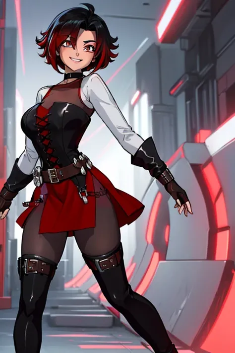 female, black short hair with red highlights, red eyes, (((1girl))), (((black and red dress))), (red coat), (black choker), (black long sleeve fingerless gloves), (black thigh high socks), (black thigh high boots), cute and sexy, full body, large breasts, ...